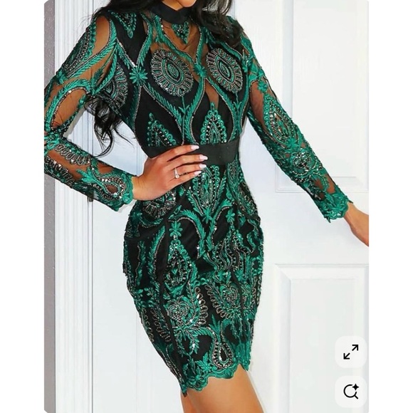 CBR Dresses & Skirts - CBR Emerald green sequinned embroidered mesh dress gold detail black cocktail S
